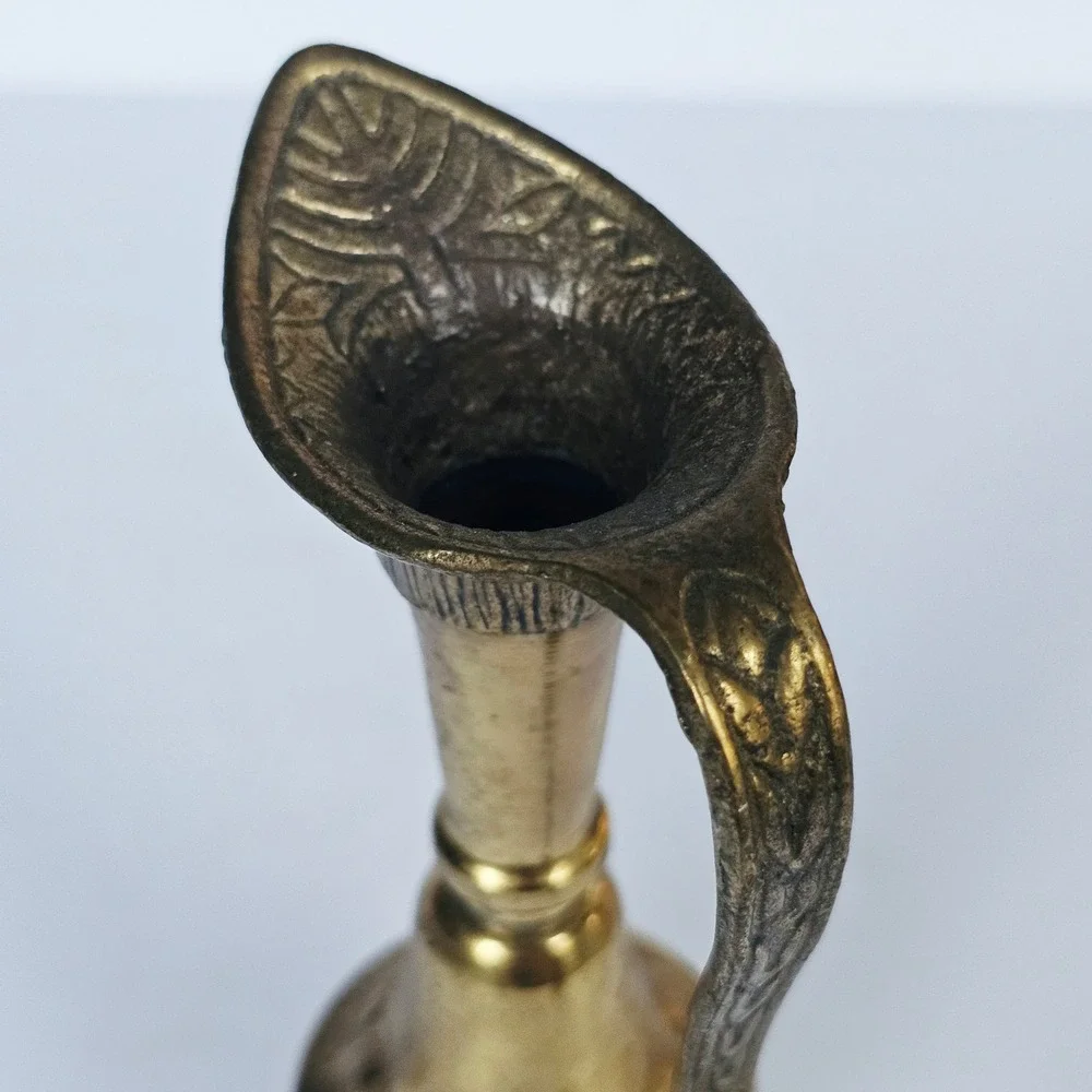 Vintage Perri Brass Pitcher Ewer Tall Neck Embossed Decorative Gold Vase 7.5